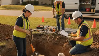 Septic repair team servicing Mountain View, CA home plumbing system with professional equipment
