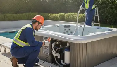 Spa repair technician servicing a Mountain View, CA home spa for reliable plumbing maintenance