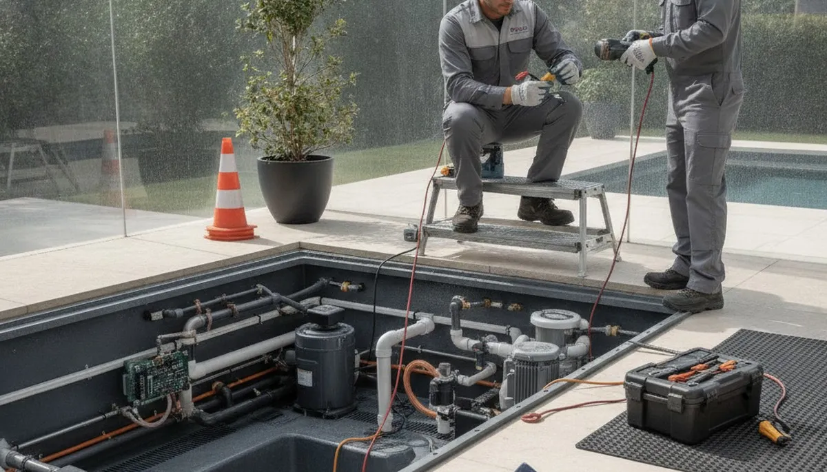 Spa repair technician servicing a home spa in Mountain View, CA