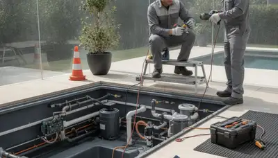 Spa repair technician servicing a home spa in Mountain View, CA